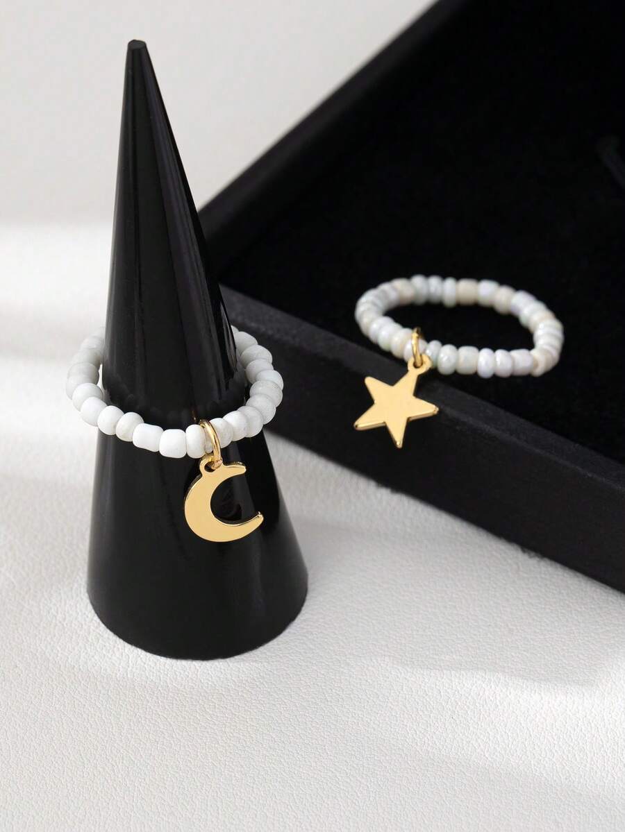 2pcs/Set Minimalist Glass Bead Star & Moon Rings, Personalized Rings Suitable For Daily, Party, Festival, Ramadan, Eid Al-Adha In Middle East - Gold - View 1