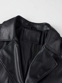 Women's Spring/Autumn PU Leather Long Jacket, Fashionable Lightweight Windbreaker With Adjustable Waist Belt - Versatile Commuter Coat - Black - View 7