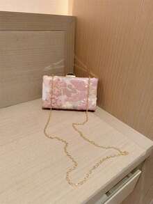 Moonlit Eve Bag - A Vintage Chain Shoulder & Cross-Body Purse Featuring A Multicolor Floral Pattern (Pattern Random). This Mini Box Clutch Is Perfect For Party Girls, Brides, College Students, And Young Professionals. Ideal For Parties, Galas, Weddings, And As Dance Party Accessories, Especially In Romantic Pink For Wedding Occasions. - 粉色 - 查看 9