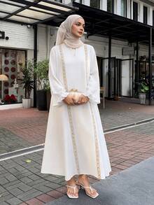 Livesso V-Neck Loose Casual Midi Dress For Women Vacation Carnival - Beige - View 2