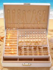 Bộ 86 chiếc Vòng cổ, Nhẫn, Bông tai Ngọc trai giả thanh lịch đơn giản Thiết kế hình ngôi sao hình trái tim bướm dành cho phụ nữ hàng ngày, Phụ kiện thời trang khi đi dự tiệc, Màu bạc (Không có hộp) - Bạc - Xem 12