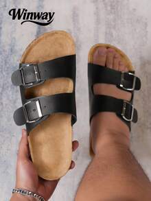 Sandalias de estilo bohemio de corte ancho para hombres - Estilo versátil para playa y vacaciones de verano, diseño cómodo y antideslizante, decoración con doble hebilla, punta abierta, tacón medio, material de piel sintética, suela de PVC, adecuado para interiores y exteriores - Negro - Ver 2
