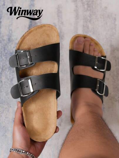 Wide Fit Men's Fashionable Bohemian Style Open Toe Sandals - Summer Beach Vacation Versatile Style, Comfortable Non-Slip Design, Double Buckle Decor, Open Toe, Mid-Heel, Faux Leather Material, PVC Sole, Suitable For Indoor And Outdoor
