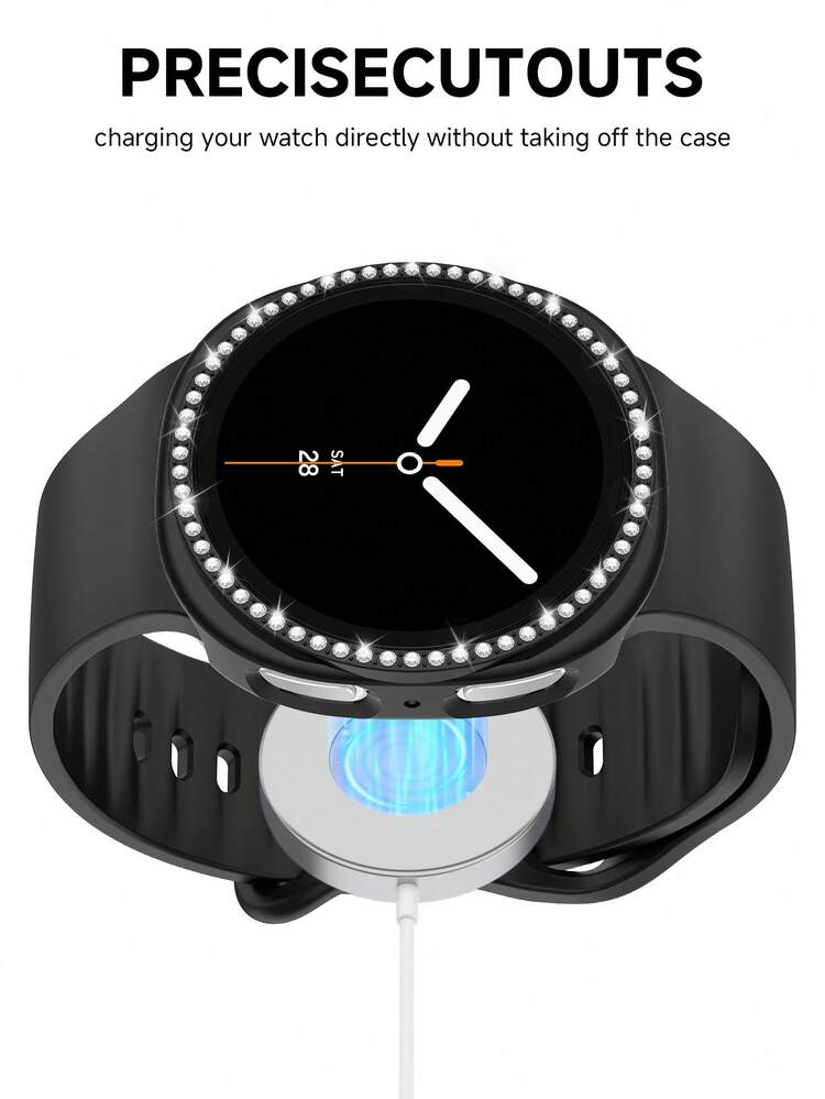 Bộ dây đeo đồng hồ silicon mềm 2 trong 1 + ốp bảo vệ tương thích với đồng hồ nữ Galaxy Watch4 40mm/44mm. Dây đeo đồng hồ silicon mềm mại và thoải mái với khóa cài đinh tán, kết hợp với ốp bảo vệ chống sốc bằng nhựa PC có đính đá lấp lánh. Thiết kế ốp bảo vệ có lỗ thoáng khí giúp cảm ứng nhạy bén. - Vỏ màu đen với họa tiết đính kim cương. - Xem 5