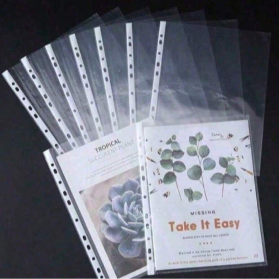 100pcs A4 Plastic Punched File Folders, Transparent Document Protector Sleeves, For Papers And Files - A - View 1