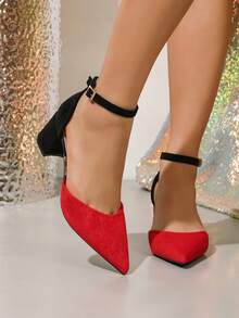 Nouvelles chaussures à talons hauts à bout pointu mode pour femmes, talons épais ajourés blocs de couleurs minimalistes décontractées et confortables pour le printemps/été - Multicolore - Voir 2