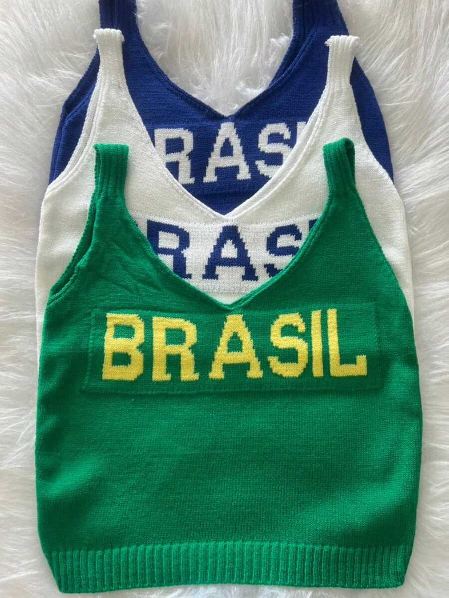 Set Of 3 Women's Cropped Tank Tops, Brazilian Style, Modal Knit, U-Neck, Spaghetti Straps, Summer, Carnival, World Cup - 藍/白/綠 - 查看 1