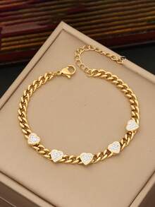 1pc Fashionable White 3D Heart Chain Stainless Steel Bracelet, Versatile & Elegant, Suitable For Daily Wear And Gift - Yellow Gold - View 6