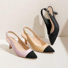 Women's Kitten Heel Point Toe Buckle Decor Slingback Stiletto Low Heels Dress Bridal Elegant  Solid Color Wedding Pumps Shoes - 米色 - 查看 10