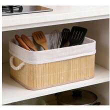 1-Pack Bamboo Storage Basket With Linen Liner - 3 Size Options , Natural Bamboo Frame With Soft Linen Lining, Built-In Rope Handles, Ideal For Organizing Towels, Toys, Clothes And Home Essentials - Beige - View 6