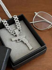 1 pieza Collar con colgante de pistola totalmente cubierto de hielo, collar de cadena cubana de moda para hombres, accesorio de hip hop, regalo único - collar con colgante de pistola - Ver 10