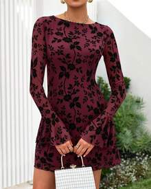 Women's 2026 Spring Floral Wedding Guest Dress Long Sleeve Crew Neck Flowy Party Cocktail Mini Dress - Floral Wine Red Black - View 4