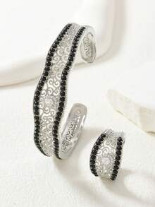 2pcs Middle Eastern Ramadan Copper Gold/Silver Filigree Hollow Bangle & Ring Jewelry Set, Best Gift For Family And Friends - Silver - View 6