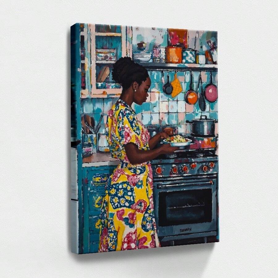 1 pieza Decoración México, Cuadro de madera, Póster vintage, Mujer cocinando, Escena de cocina, Actividad doméstica - Moderno, Pintura realista, Arte texturizado, Estilo detallado, Decoración de fiesta, para sala, recámara, oficina, incluye accesorios - Lienzo enmarcado, Vertical - Lienzo enmarcado - Ver 1