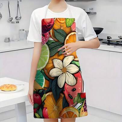 1pc Colorful Fruit Pattern Printed Sleeveless Apron, 100% Polyester, Neck Strap Design, Suitable For Cooking, Baking And Entertainment, Great For Home, Restaurant, Party, Outdoor BBQ, Baking Apron | Vibrant Apron | Polyester Apron | Printed Apron