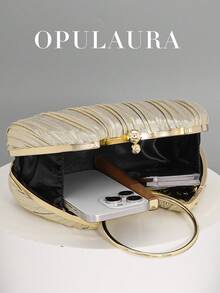 OpulAura 女士金属光泽奢华晚宴手拿包，优雅皮革正式手提包，闪亮晚宴包，适合晚宴、舞会、派对、婚礼、新娘、伴娘、生日礼服等场合 - 金色 - 查看 3