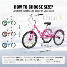 Folding Adult Tricycle, 26-Inch 7-Speed Adult Folding Trikes, Carbon Steel 3 Wheel Cruiser Bike With Basket & Adjustable Seat, Shopping Picnic Foldable Tricycles For Women, Men, Seniors (Pink) - 粉色 - 查看 7