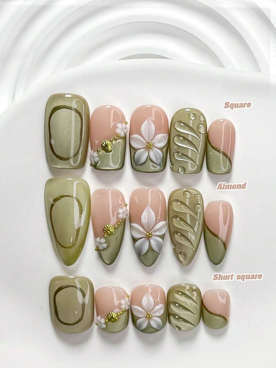 10件套全新清新森林风树脂美甲套装，包含亚克力美甲贴纸、金色贝壳、手工白色五瓣花美甲装饰、3D白色五瓣花、手绘纯色水滴、水波纹、银色边框设计美甲贴片 - 彩色 - 查看 1