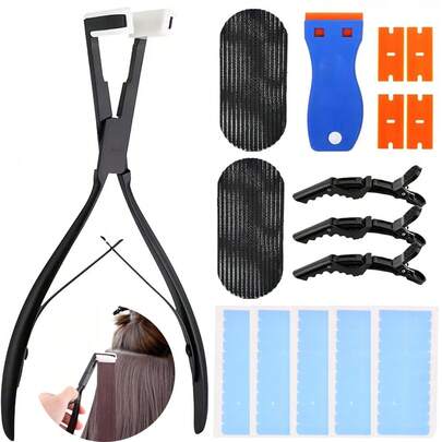 Kit de herramientas para extensiones de cabello con cinta adhesiva, pinzas de acero inoxidable de superficie plana profesionales para sellar extensiones de cabello con cinta, clips para el cabello, herramientas de peinado para extensiones de cabello - Negro