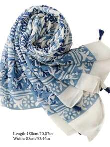 1pc Women's Headscarf, Blue & White Porcelain Wave & Geometric Pattern Balinese Chiffon Tassel Shawl - Multicolor - View 9