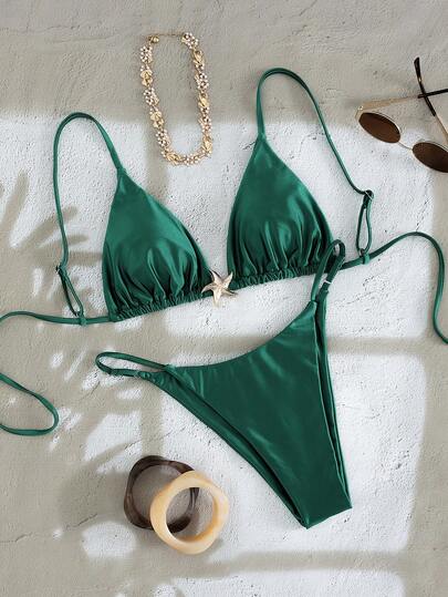 Conjunto de bikini de verano para mujer con decoración de estrella de mar de metal en unicolor, con escote halter y lazos, traje de baño sexy