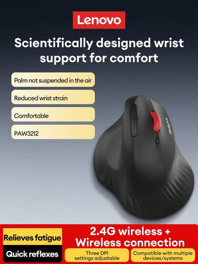  Lenovo T50pro Ergonomische Draadloze Verticale Muis, Stille Knoppen, 3 Niveaus 2400 DPI Instelbaar, Vlotte Draadloze Of Stabiele 2.4G Verbinding, Kantoormuis, Laptopmuis, Computermuis, Tabletmuis