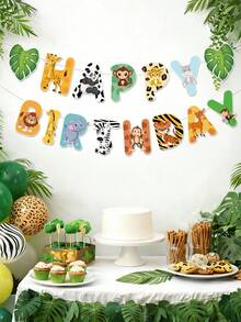 一套丛林动物主题生日派对横幅，卡通动物图案生日拉旗，丛林主题生日派对背景悬挂装饰，生日派对墙面装饰横幅，生日派对用品，丛林动物生日派对装饰，家居墙面装饰，生日派对礼物 - 動物 - 查看 5