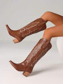 Womens Embroidered Cowgirl Knee High Boots Pointed Toe Block Heel Western Cowboy Boots For Women Casual Outings Festivals - màu nâu - Xem 3