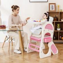 COSTWAY Convertible Baby High Chair, Baby Feeding Chair With Double-Layer Tray & Adjustable Backrest, Kids Table And Chair Set W/ Double-Sided Tabletop & Side Storage Baskets, Pink - Pink - View 5