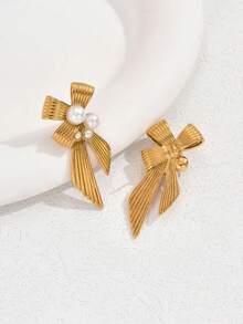 一对优雅的丝带蝴蝶结仿珍珠耳环，适合婚礼、派对、日常佩戴。 - 金色 - 查看 4