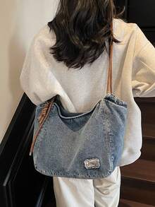 Fashionable Retro Popular Shoulder Bag, Simple Solid Color Large Capacity Casual Multifunctional Tote Bag, Niche Design Daily Generous Armpit Bag, Suitable For Shopping, Daily Outings, Gatherings, Commuting - Blue - View 3
