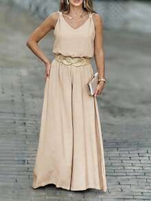 ChicMe 2件套女士V领蝴蝶结无袖背心+阔腿裤套装，休闲优雅，适合日常、商务、派对等场合。 - 杏色 - 查看 1