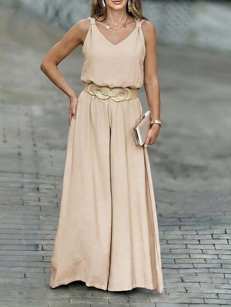 ChicMe 2件套女士V领蝴蝶结无袖背心+阔腿裤套装，休闲优雅，适合日常、商务、派对等场合。 - 杏色 - 查看 1