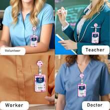 1件套（证件夹+卡套+挂绳）可爱多功能证件套，圆形带夹证件套，护士卡套，袖扣配件，医务助理证件伴侣，爱心信封图案双面挂绳 - 粉紅色套裝 - 查看 3