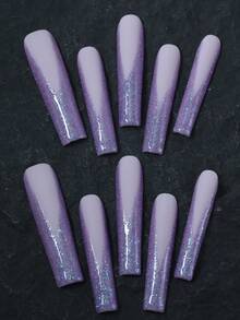 CrystalHola Valentine's Day : 10 Handmade Press-On Nail Stickers, French Square Long Nails, Purple Nail Surface With Purple Glitter, Simple And Classic, Full Coverage, Removable And Reusable, Long-Lasting And Durable, Unique Summer Nail Art, A Stylish Necklace Essential For Parties And Weddings. Nail Supplies - Multicolor - View 12
