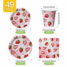 Strawberry Print Disposable Plate, Napkin, Cup Set, Plates, Napkins And Cups Party Supplies, Serves 8 Guests, Disposable Paper Plates Party Tableware Suitable For Birthday, Wedding, Theme Party, Family Picnic - Multicolor - View 2