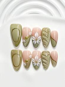 10件套全新清新森林风树脂美甲套装，包含亚克力美甲贴纸、金色贝壳、手工白色五瓣花美甲装饰、3D白色五瓣花、手绘纯色水滴、水波纹、银色边框设计美甲贴片 - 彩色 - 查看 16