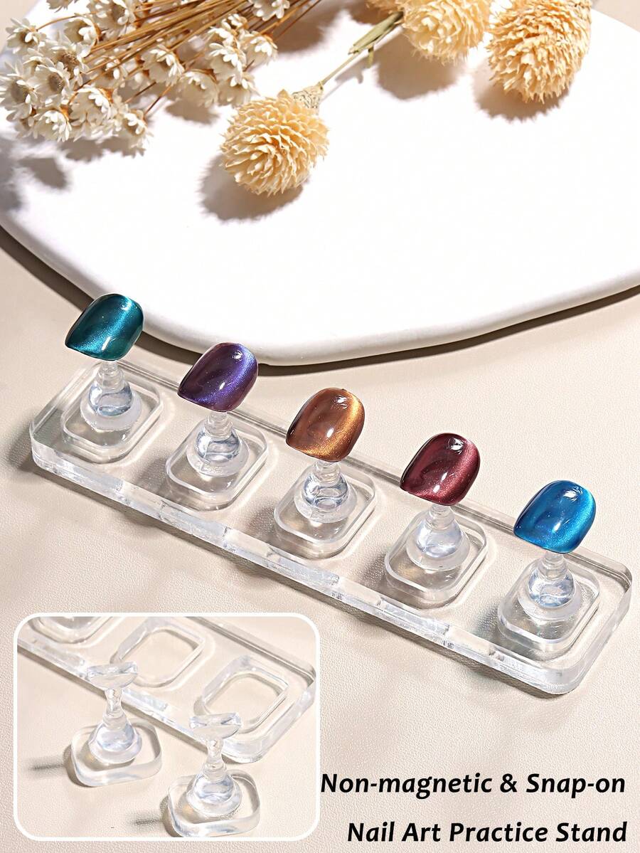1 Set Clip-On Non-Magnetic Nail Art Practice Stand, Oval & Rectangular Design, Acrylic Transparent Nail Art Base & Holder For Cat Eye Gel Nails, Suitable For Beginners, With Nail Clay Set, Nail Display Tools, DIY Nail Salon Supplies - Multicolor - View 1