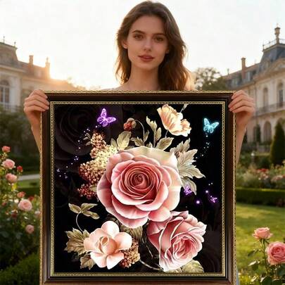 LaoJieYuan 2026新款粉色玫瑰蝴蝶十字绣DIY套件 手工刺绣花朵方格 时尚家居装饰绘画工艺套装 花草DIY套件 工艺品 刺绣套件 十字绣套件 钩针套件 戳绣套件 缝纫配件 缝纫套件 绣线工艺套件 针线材料 缝纫图案 钩针工艺用品 刺绣套件 初学者缝纫图案