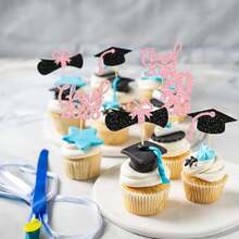 12pcs 2026 Graduation Theme Glitter Cupcake Decorations, 2026 Graduation Diploma Cap Cupcake Toppers, 2026 Graduation Party Cake Decorations, Pink - Pink - View 3