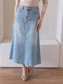 Livesso High Waist Distressed Denim Slit Skirt, Slimming Women's Denim Skirt - Medium Wash - View 2