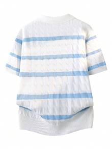 1件男士蓝白条纹短袖V领绞花针织休闲Polo衫，春季休闲服饰 - 淺藍色 - 查看 4