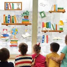 Books Window Clings 4 Sheets Back To School Reading Corner Study Bookshelf Globe Lamp Clock Stickers Decals Decor Cat Potted Plant Classroom Library Bedroom Home Decorations - BooksReading - View 6