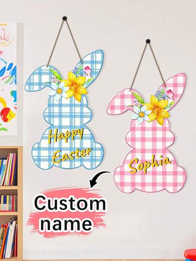 Porte-manteau de Pâques en bois personnalisé avec un lapin - Plaque de lapin à carreaux personnalisée à accrocher, décoration de lapin de Pâques personnalisée, porte-manteau de Pâques, cadeau de la Saint-Valentin, cadeau d'anniversaire, cadeau d'anniversaire de mariage