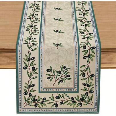 Vintage Green Olive Branch Floral Table Runner, Seasonal Summer Dining Room Kitchen Tabletop Decor, Suitable For Holiday Family Parties