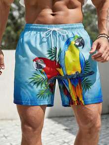 Men's Summer Beach Vacation Style Parrot Tropical Print Drawstring Waist Beach Shorts - Multicolor - View 1