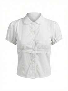 Sweet French Style White Doll Collar Blouse, Waist Cinched Design, Fitted Short Sleeve Top, Summer - White - View 8