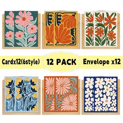 12张中世纪现代风格花卉贺卡，附带信封，适用于生日、节日、婚礼等各种场合，是送给朋友、老师和同事的完美之选。