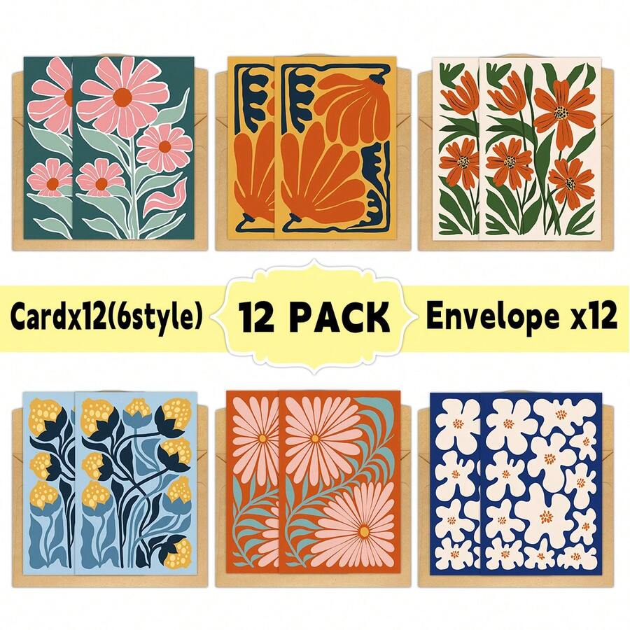 12张中世纪现代风格花卉贺卡，附带信封，适用于生日、节日、婚礼等各种场合，是送给朋友、老师和同事的完美之选。 - 彩色 - 查看 1