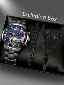 4pcs/Set Calendar Steel Band Men's Business Watches With Large Dial - Blue - View 6